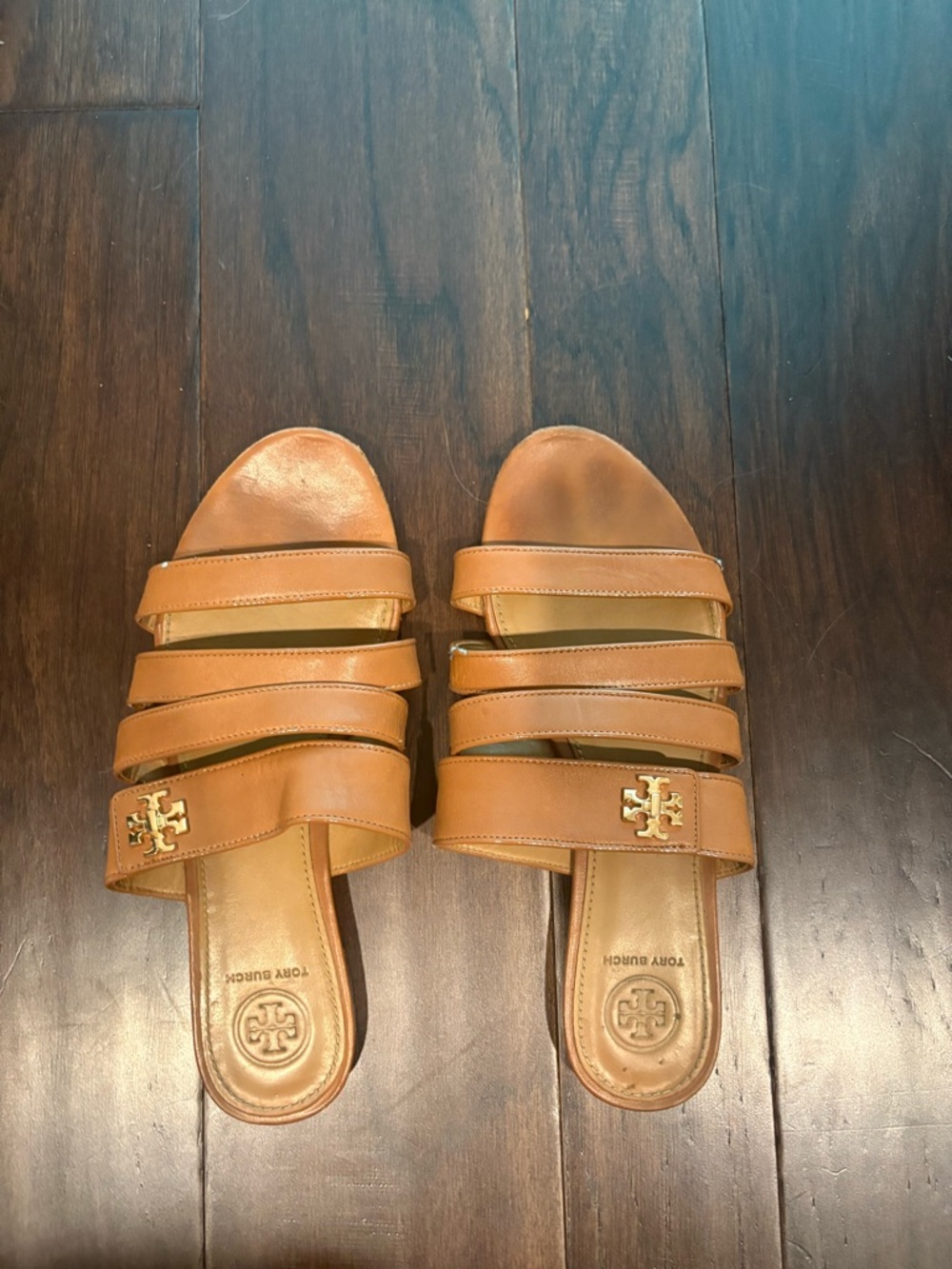 Tory Burch Cognac Leather Multi-Strap Slide Sandals with Logo